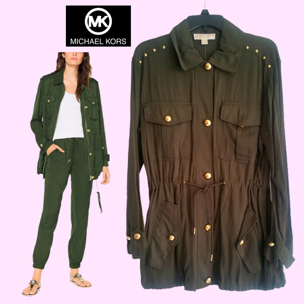 MICHAEL Michael Kors IVY Stud Military Jacket Forest Green L NWT